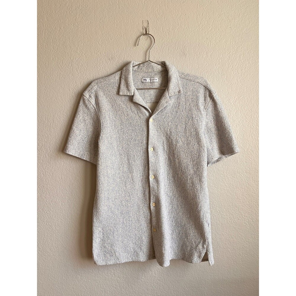 Zara Men's Woven Knit Camp Button Down Shirt in Blue/White Size LARGE